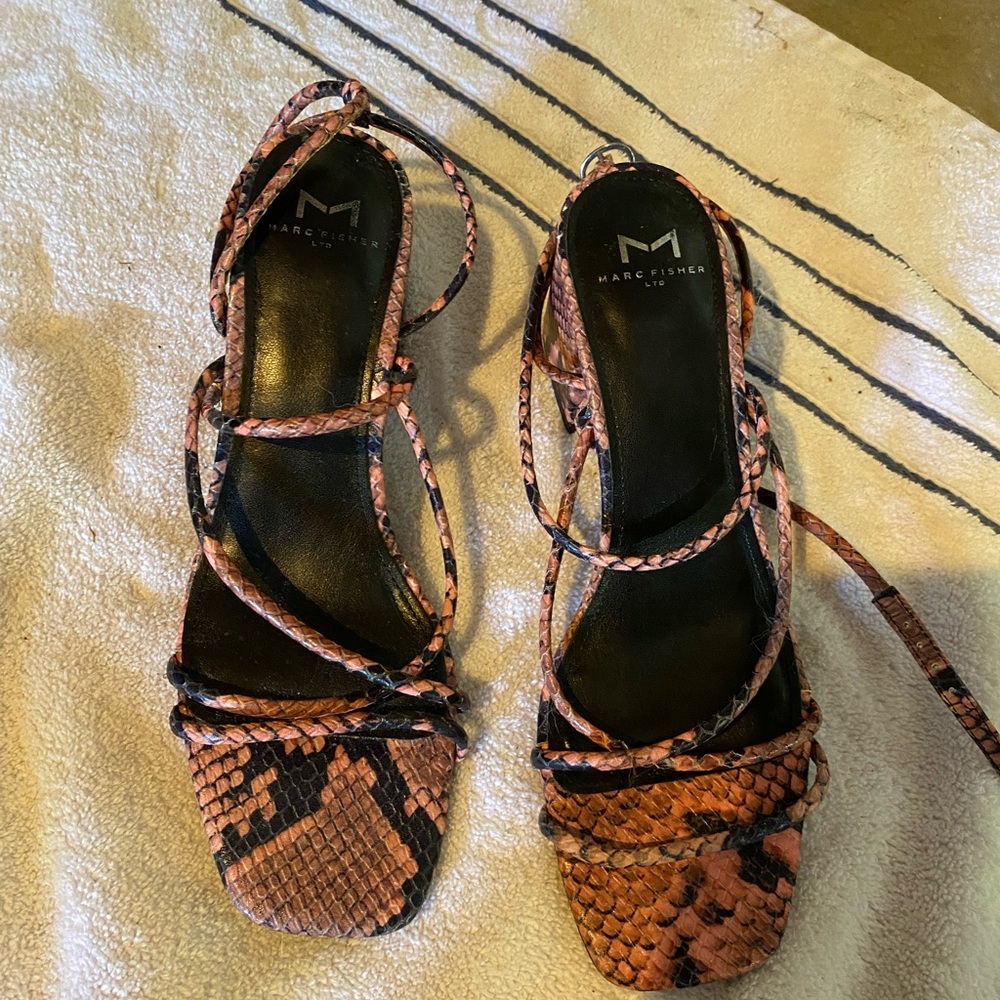 Marc Fisher Pink Snake-Print Strappy Lace-Up Sandals
